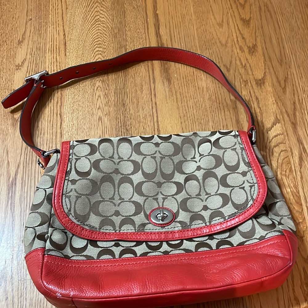 Coach Orangish Red and Signature Tan cloth shoulder bag
